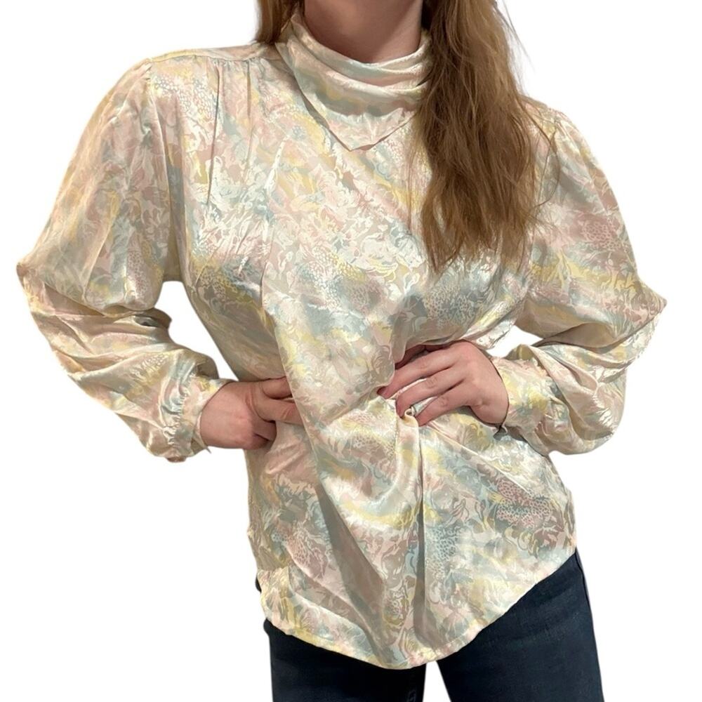 Vintage 1980s Pastel Floral Jacquard Blouse Cowl Neck Secretary Top L/XL